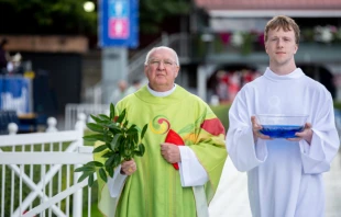 Cardinal Kevin Farrell prepares to perform the Asperges before Mass at the World Meeting of Families in Dublin, Aug. 23, 2018.   Daniel Ibanez/CNA