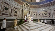 Pope Leo XIV sits in the cathedral of Rome, the Archbasilica of St. John Lateran, a symbol of his authority as bishop of Rome, on May 25, 2025.