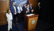 Speaker of the House Rep. Mike Johnson speaks as (left to right) House Republican Conference Chair Rep. Lisa McClain, Rep. Jason Smith, Rep. Jim Jordan, Rep. Mark Green, House Majority Leader Rep. Steve Scalise, and House Majority Whip Rep. Tom Emmer listen during a news briefing after a House Republican Conference meeting with President Donald Trump at the U.S. Capitol on May 20, 2025, in Washington, D.C.
