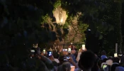 Pope Leo XIV addresses the faithful at the illuminated Grotto of Lourdes in Vatican Gardens on Saturday, May 31, 2025, during the conclusion of May devotions.