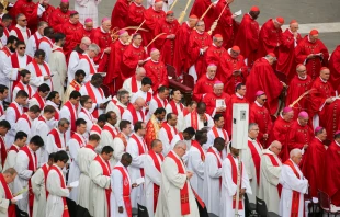 Cardinals, bishops, and priests carrying palm branches gather for the Palm Sunday Mass in St. Peter’s Square, April 13, 2025. Credit: Bénédicte Cedergren/EWTN News