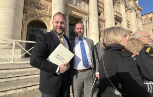 Catholic Land Movement co-founders Andrew Ewell (top left) and Michael Guidice (top right), pictured here on the steps of St. Peter’s Basilica. Credit: Photo courtesy of Andrew Ewell