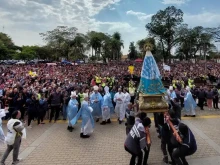 The pilgrim image of Maria de Itatí and the multitude of pilgrims in front of the basilica at the Shrine of the Virgin of Itatí in the Archdiocese of Corrientes, Argentina, on Saturday, Sept. 17, 2022.