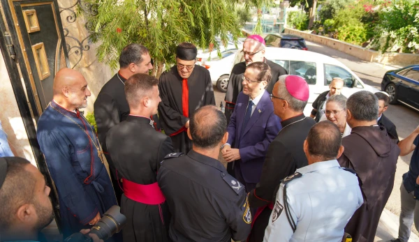 Israeli President Isaac Herzog visits the Stella Maris Monastery in Haifa on Aug. 9, 2023, following attacks by Jewish extremists against the site and other Christian places of worship in Israel. Credit: Latin Patriarchate of Jerusalem