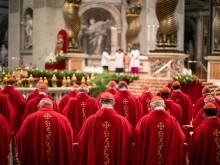 Cardinals participate in the fifth Novendiales Mass for Pope Francis on April 30, 2025, in St. Peter’s Basilica at the Vatican.