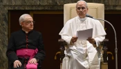 Pope Leo XIV addresses more than 100 ambassadors in an audience on Friday, May 16, 2025, in the Clementine Hall at the Vatican.