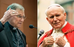 Archbishop Zbigņevs Stankevičs of Riga, Latvia (left), speaking during a Catholic conference in Warsaw in May 2022 on the natural law legacy of John Paul II (right.) Photos by Lisa Johnston and L'Osservatore Romano