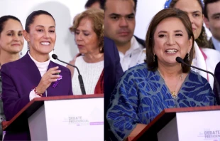 Mexico presidential candidates Claudia Sheinbaum (left) and Xóchitl Gálvez speak after the last presidential debate ahead the presidential election at Centro Cultural Tlatelolco on May 19, 2024, in Mexico City, Mexico. Credit: Medios y Media/Getty Images