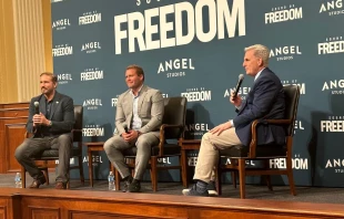 Actor Jim Caviezel; Tim Ballard, whom Caviezel portrays in the movie “Sound of Freedom”; and Speaker of the House Kevin McCarthy answer questions at a screening of the movie on Capitol Hill in Washington, D.C., July 25, 2023. Credit: Martin Barillas/CNA