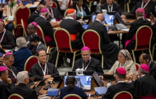 Synod on Synodality delegates in small groups listen to Pope Francis’ guidance for the upcoming weeks on Oct. 4, 2023. Credit: Daniel Ibañez/CNA