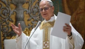 Pope Leo XIV gives the homily at Mass with the cardinale electors in the Sistine Chapel on May 9, 2025.